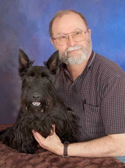 Dave and his Scottish Terrier, Wilbraham Crunchasaurus