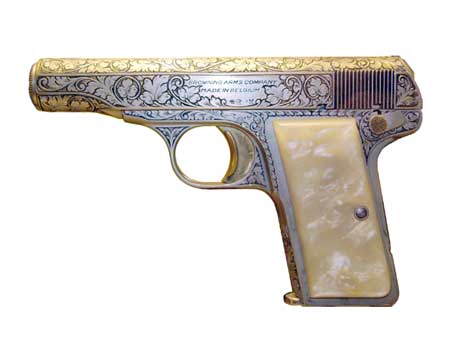 1955 version of Browning 1910 model, factory engraved, .380 ACP caliber. Photo: Dave Corbin